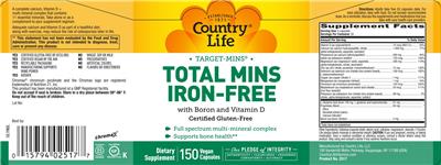 Total Mins Iron-free with Boron and Vitamin D label