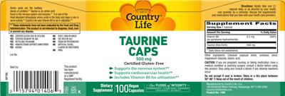 Taurine Caps 500 mg label