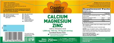 Calcium 1,000 mg Magnesium 500 mg Zinc 50 mg with L-Glutamic Acid label