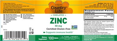 Chelated Zinc 50 mg label
