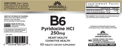 B6 Pyridoxine HCl 250 mg label
