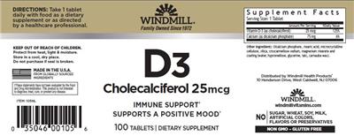 D3 Cholecalciferol 25 mcg label