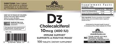 D3 Cholecalciferol 10 mcg (400 IU) label