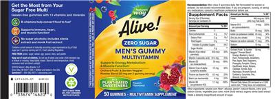 Alive! Men's Gummy Multivitamin Zero Sugar Peach Flavored label