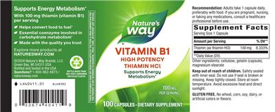 Vitamin B-1 100 mg High Potency Thiamin HCl label