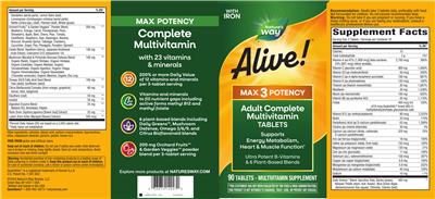 Alive! Max3 Potency Adult Complete Multivitamin Tablets with Iron label