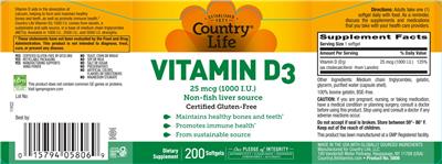 Vitamin D3 25 mcg (1000 IU) label