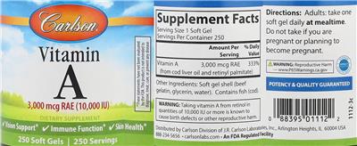 Vitamin A 3,000 mcg RAE (10,000 IU) label