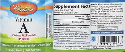 Vitamin A 4,500 mcg RAE Palmitate (15,000 IU) label