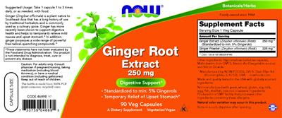 Ginger Root Extract 250 mg label