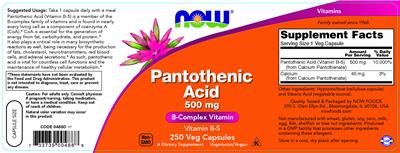 Pantothenic Acid 500 mg label