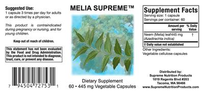 Melia Supreme 445 mg label