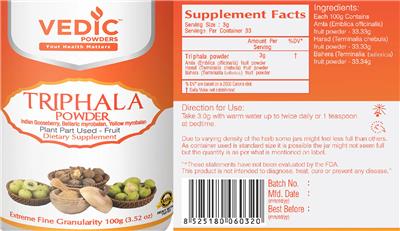 Triphala Powder label