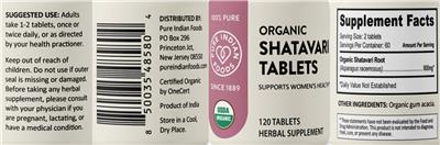 Organic Shatavari Tablets label