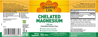 Chelated Magnesium 250 mg label