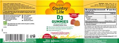 D3 Gummies 25 mcg (1,000 IU) label