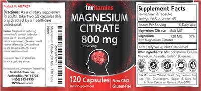 Magnesium Citrate 800 mg label