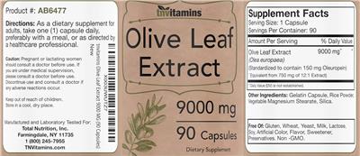 Olive Leaf Extract 9000 mg label
