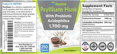 Psyllium Husk with Probiotic Acidophils 1,700 mg label