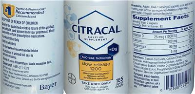 Citracal Calcium + D3 Slow Release 1200 label