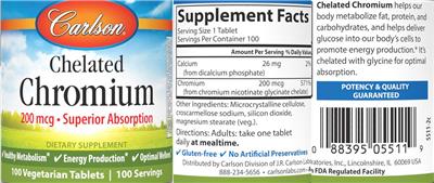 Chelated Chromium 200 mcg label
