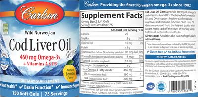 Cod Liver Oil Gems Natural Lemon Flavor label