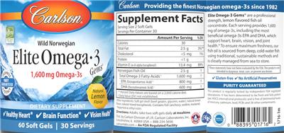 Elite Omega-3 Gems 1,600 mg Natural Lemon Flavor label