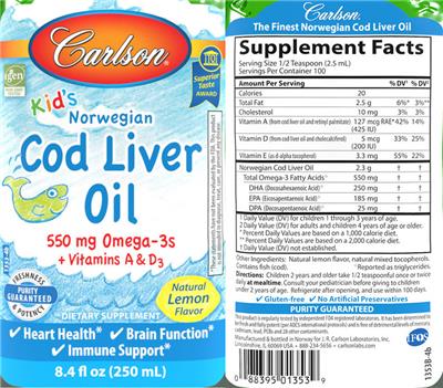 Kid's Norwegian Cod Liver Oil Natural Lemon Flavor label