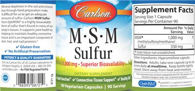 M-S-M Sulfur 1,000 mg label