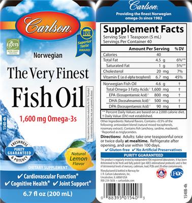 The Very Finest Fish Oil 1,600 mg Natural Lemon Flavor label