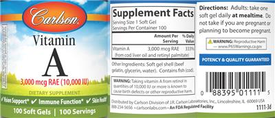 Vitamin A 3,000 mcg RAE (10,000 IU) label