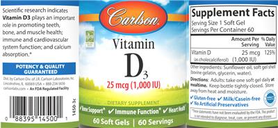 Vitamin D3 25 mcg (1,000 IU) label