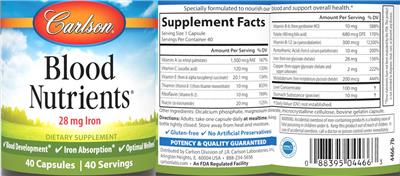 Blood Nutrients 28 mg label