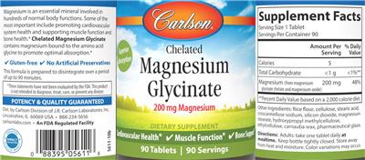 Chelated Magnesium Glycinate 200 mg label