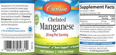 Chelated Manganese 20 mg label