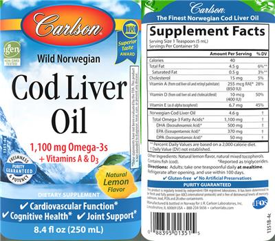 Cod Liver Oil Natural Lemon Flavor label