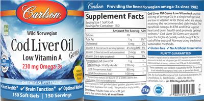 Cod Liver Oil Gems Low Vitamin A Natural Lemon Flavor label