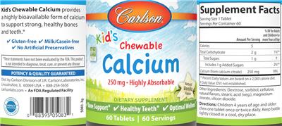 Kid's Chewable Calcium 250 mg Natural Vanilla Flavor label