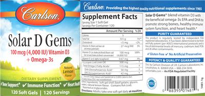 Solar D Gems 100 mcg (4,000 IU) Natural Lemon Flavor label