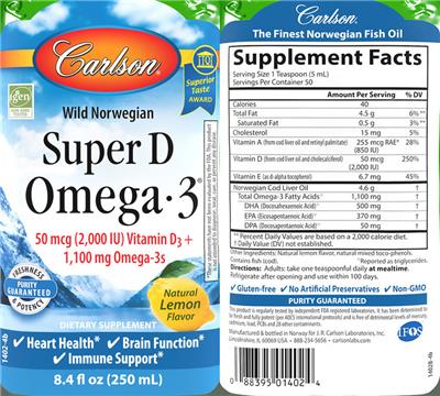 Super D Omega-3 Natural Lemon Flavor label