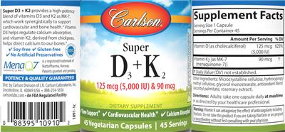 Super D3 125 mcg (5,000 IU) + K2 90 mcg label