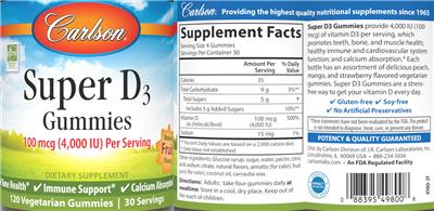 Super D3 Gummies 100 mcg (4,000 IU) Natural Fruit Flavors label