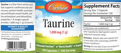 Taurine 1,000 mg (1 g) label