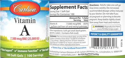 Vitamin A 7,500 mcg RAE (25,000 IU) label