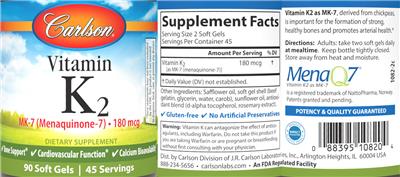Vitamin K2 MK-7 (Menaquinone-7) 180 mcg label