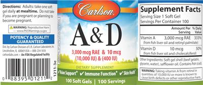 A & D 3,000 mcg RAE (10,000 IU) & 10 mcg (400 IU) label