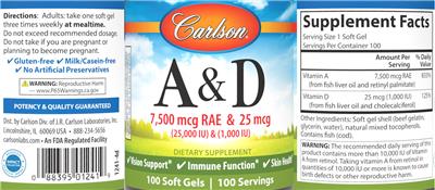 A 7,500 mcg RAE (25,000 IU) & D 25 mcg (1,000 IU) label
