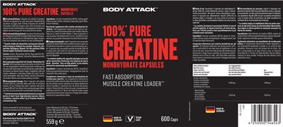 100% Pure Creatine Monohydrate Capsules label
