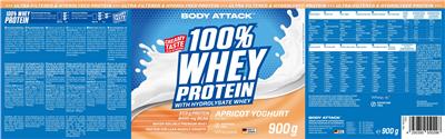 100% Whey Protein Apricot Yoghurt Flavour label