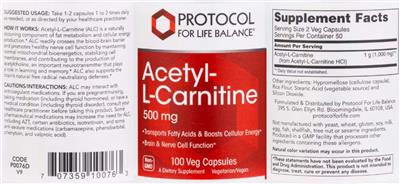 Acetyl-L-Carnitine 500 mg label